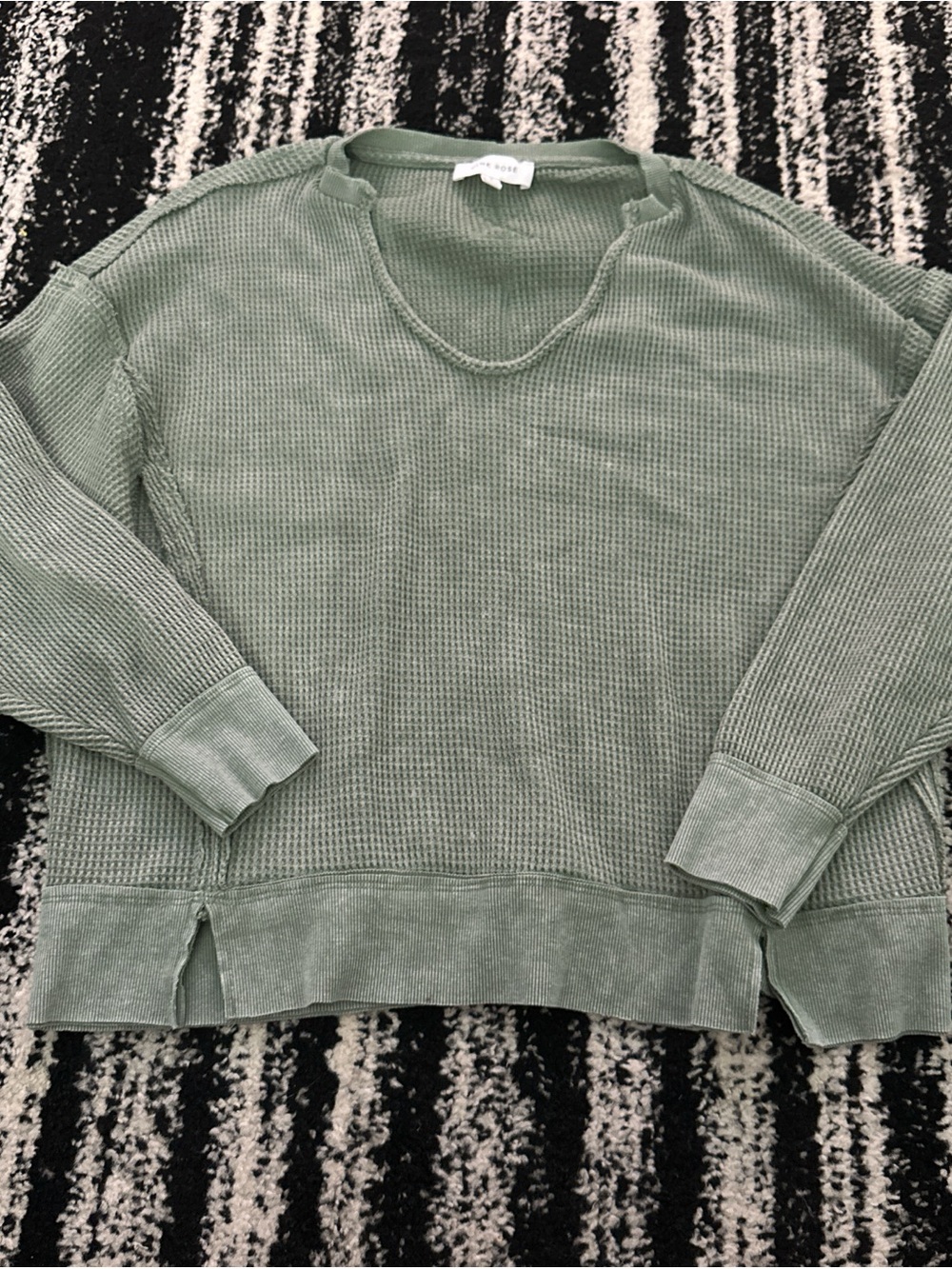 Pink Rose Waffle-Knit Scoop-Neck Sweater in Sage Green
